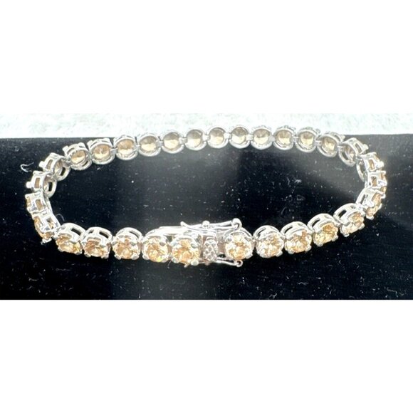 .925 Silver Bracelet & Hoop Earring Set W/Champagne Cubic Zirconia Stones - Picture 2 of 4